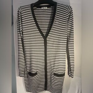 Lacoste cardigan long Striped Black and White Women's Sweater size 36 pockets